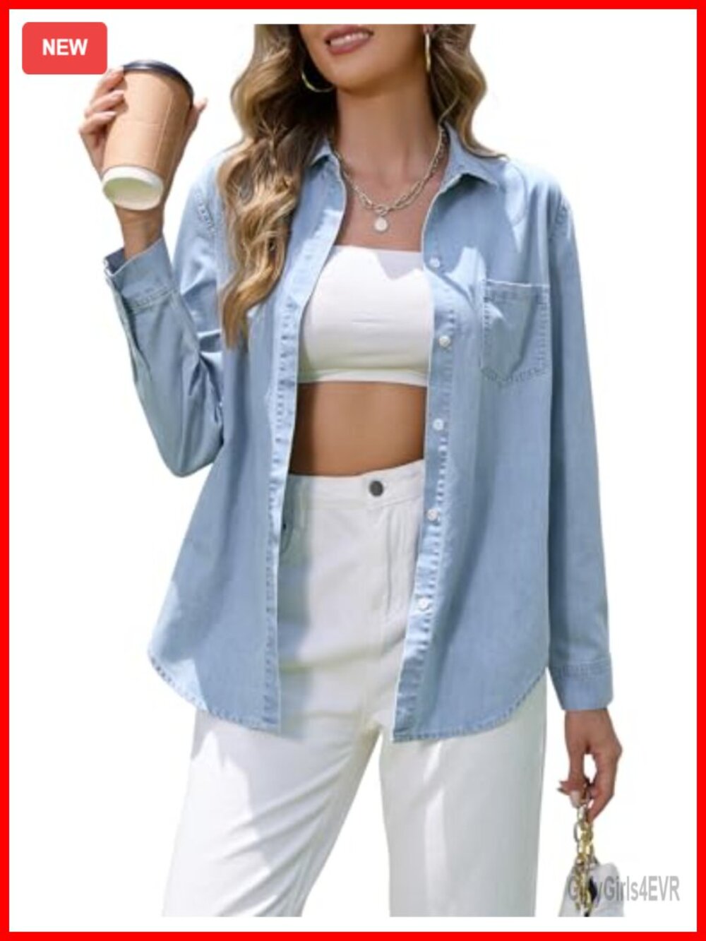 Women's Denim Button Down Long Sleeve Chambray Shirt Blouse